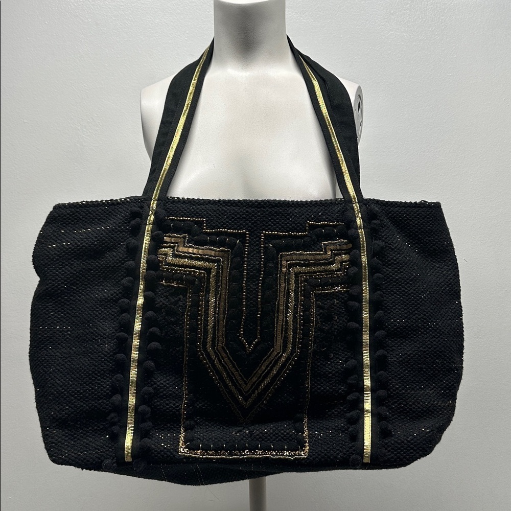 America & Beyond Tote Bag Crossbody Travel Purse Beaded Sequin Black Gold New